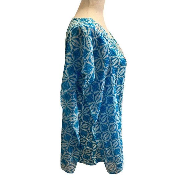 Ruby Rd Blue White & MultiColor Geometric Short Sleeve Blouse Size Medium - Picture 4 of 9